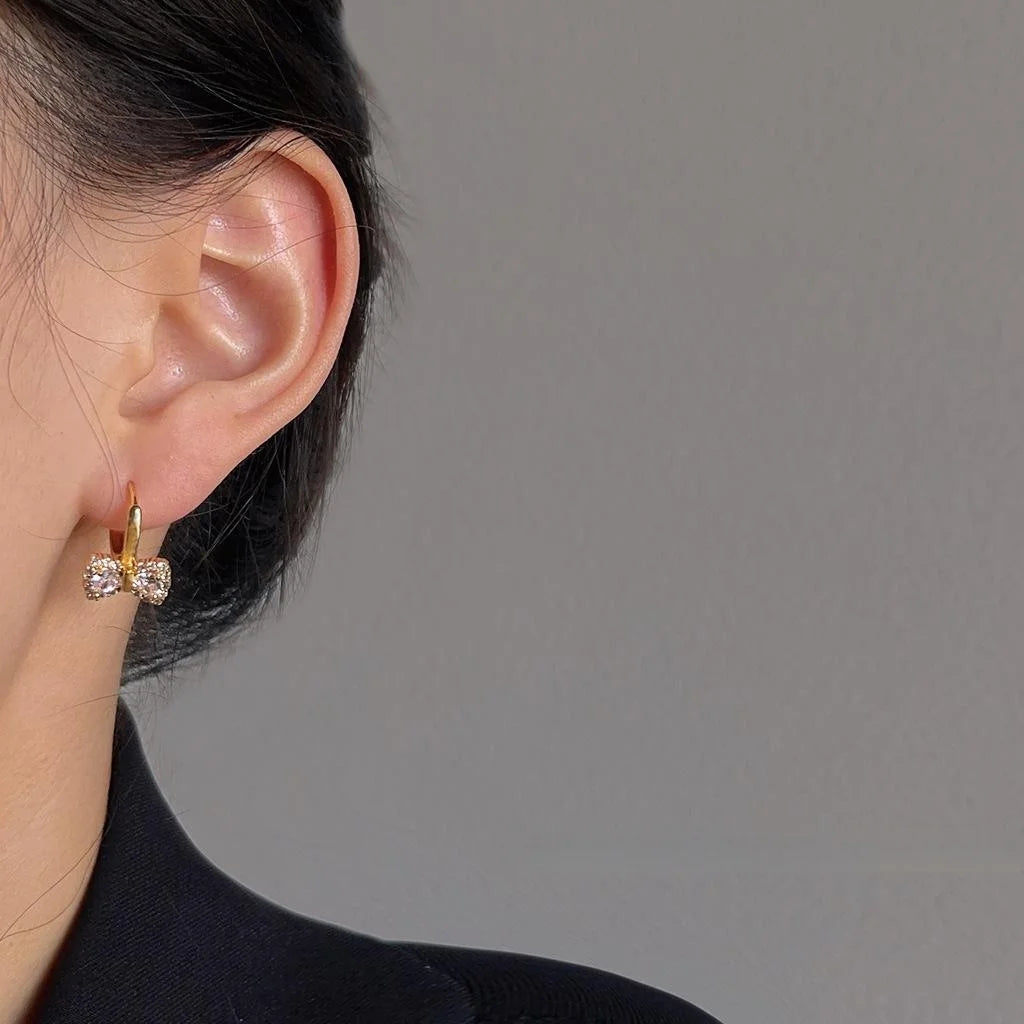 Upgraded Thick Real Gold Plated Micro Pave Zircon Bow Drop Earrings Light Luxury Style