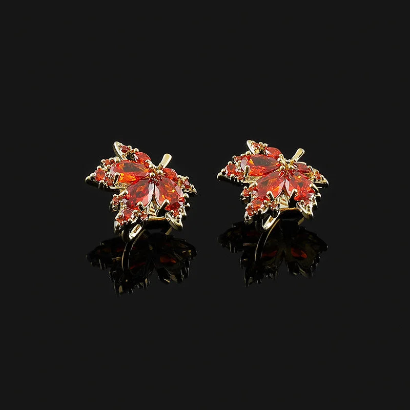 Luxury Vintage Red Zircon Maple Leaf Alloy Stud & Clip On No Piercing Elegant Statement Earrings