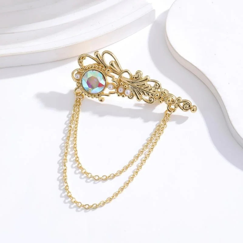Vintage Alloy Safety Pin Brooch With Red Rhinestone And Chain Tassel, Elegant Lapel Pin Suit Accessory