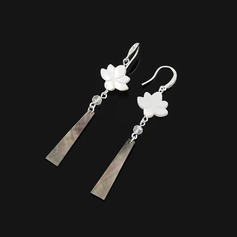 Vintage Natural Shell Lotus Flower Long Tassel Stud & Clip On No Piercing Chinese Style Dangle Earrings