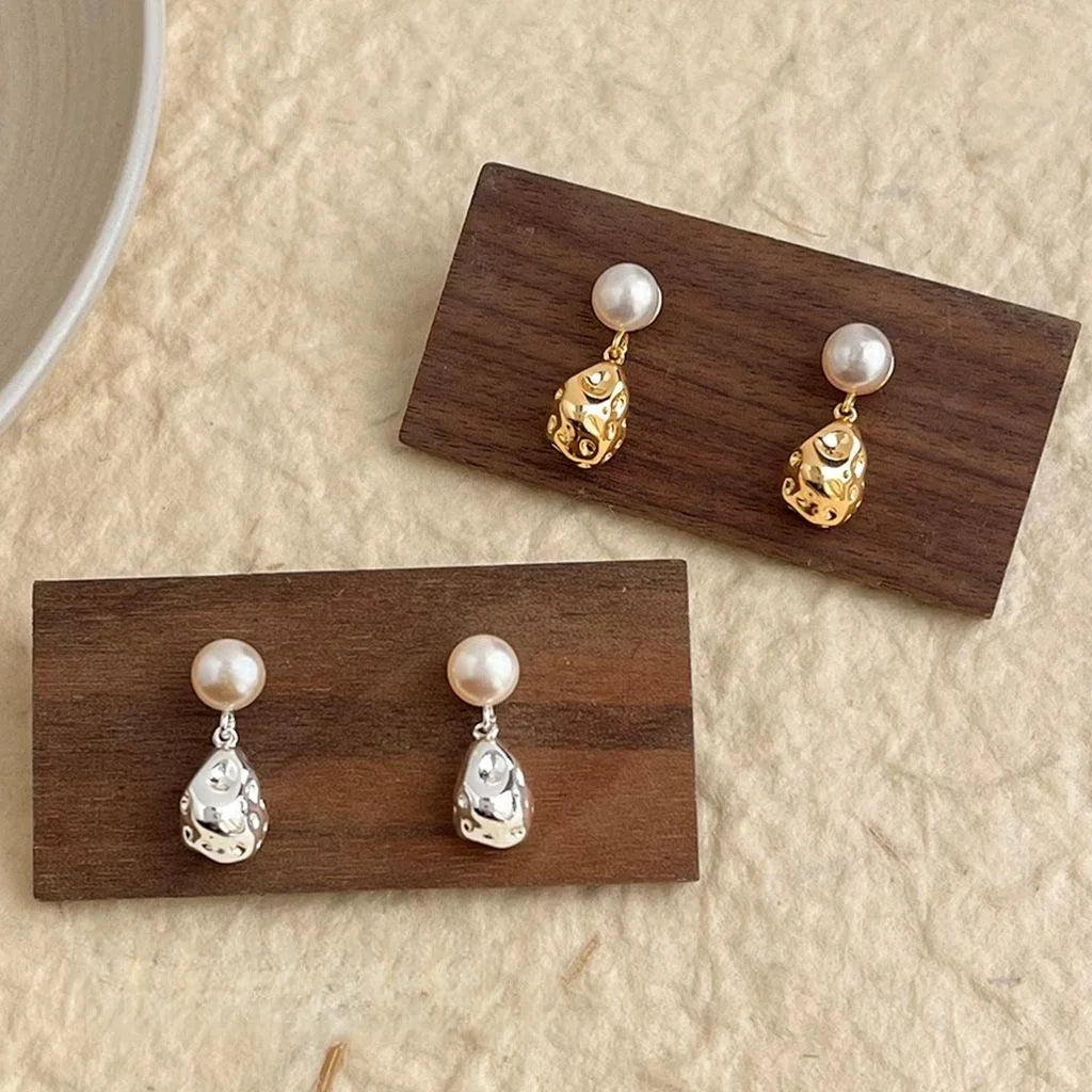 Vintage Freshwater Pearl 14K Gold Plated Copper Irregular Geometric Drop Earrings