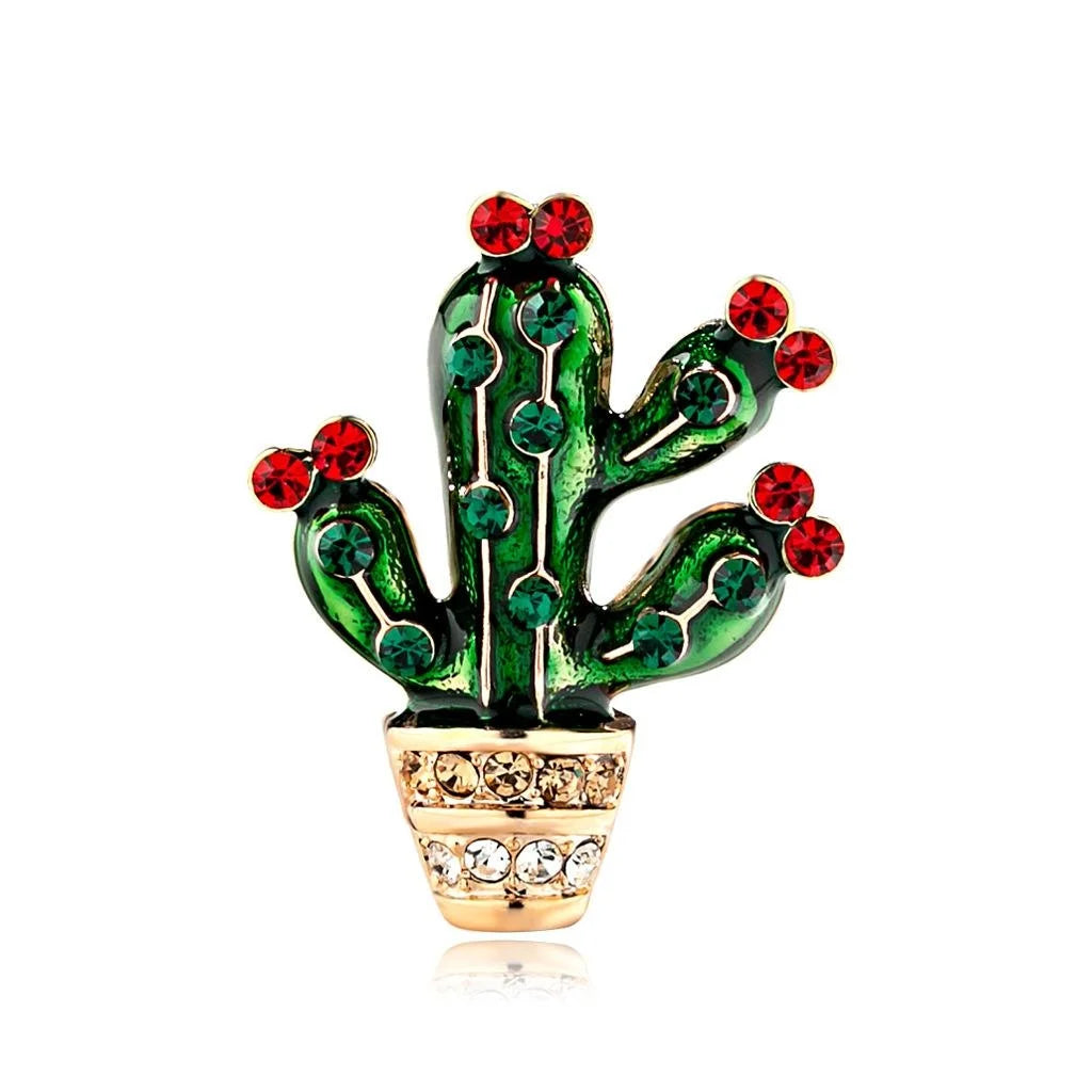 Cute Green Enamel Cactus Alloy Brooch With Rhinestone Accents, Creative Lapel Pin Corsage Gift