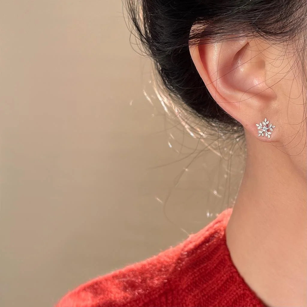 Sweet Snowflake Micro Pave Zircon Copper Stud Earrings, Silver Plated Winter Jewelry