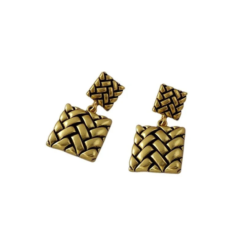 Vintage Plaid Button Square Alloy Drop Earrings Korean Style