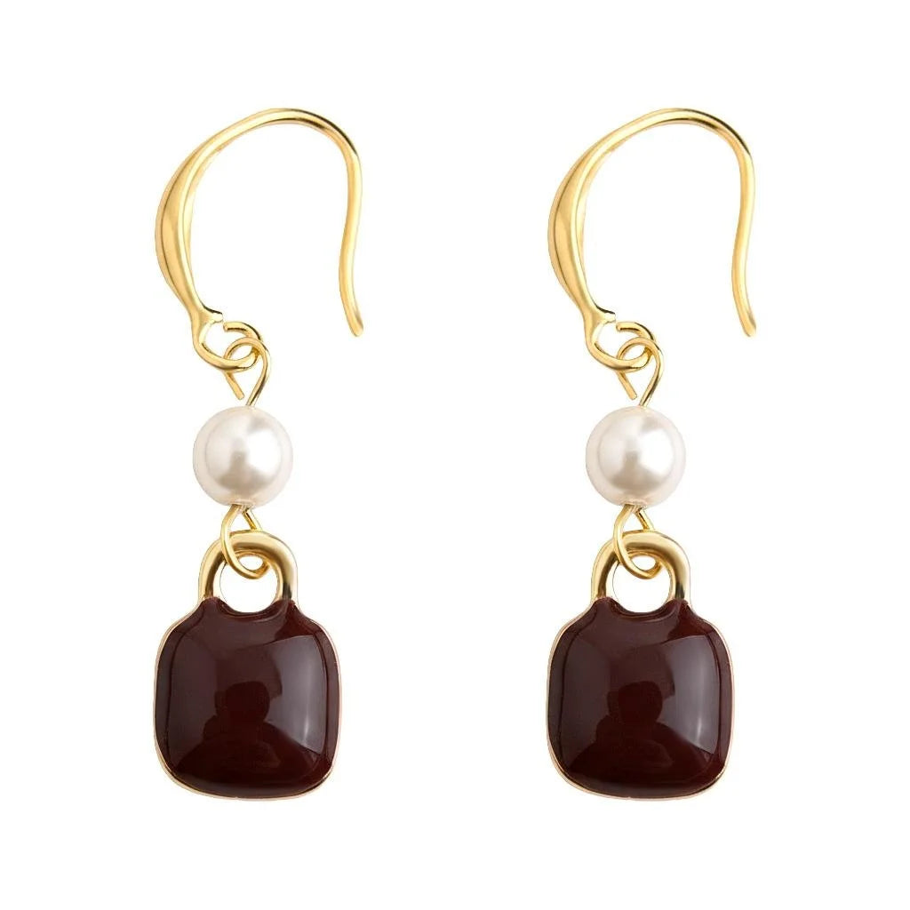 Hong Kong Style Burgundy Enamel Square Geometric Copper Glass Pearl Drop Earrings