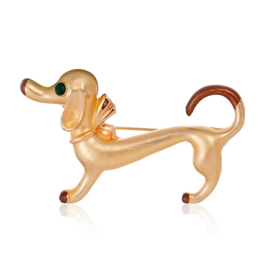Cute Gold Alloy Dachshund Dog Brooch With Green Rhinestone Eye, Creative Animal Lapel Pin Gift