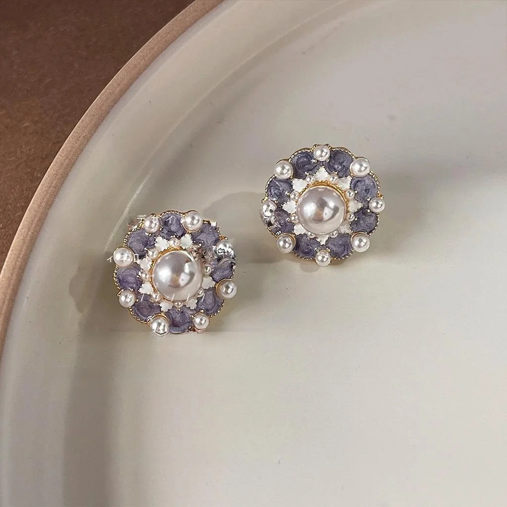 Premium Copper Purple Enamel Round Stud Earrings With 14K Plated Minimalist Style