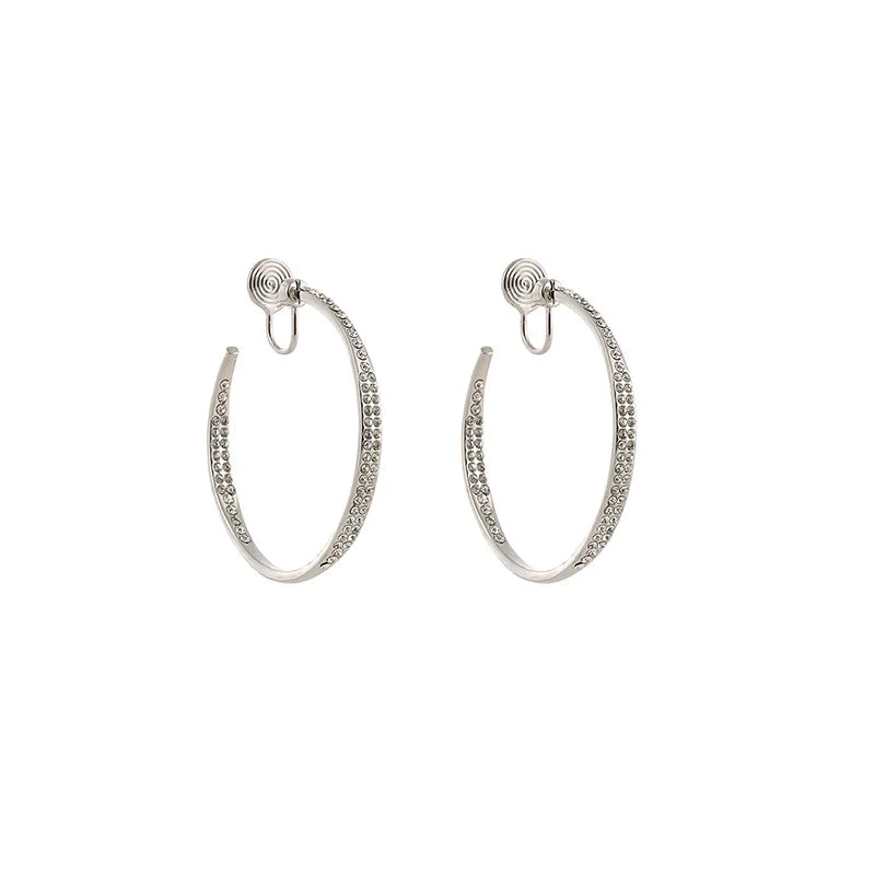 Luxury Rhinestone Spiral Coil Large Hoop Women's Stud & Clip On No Piercing Silver Alloy Earrings