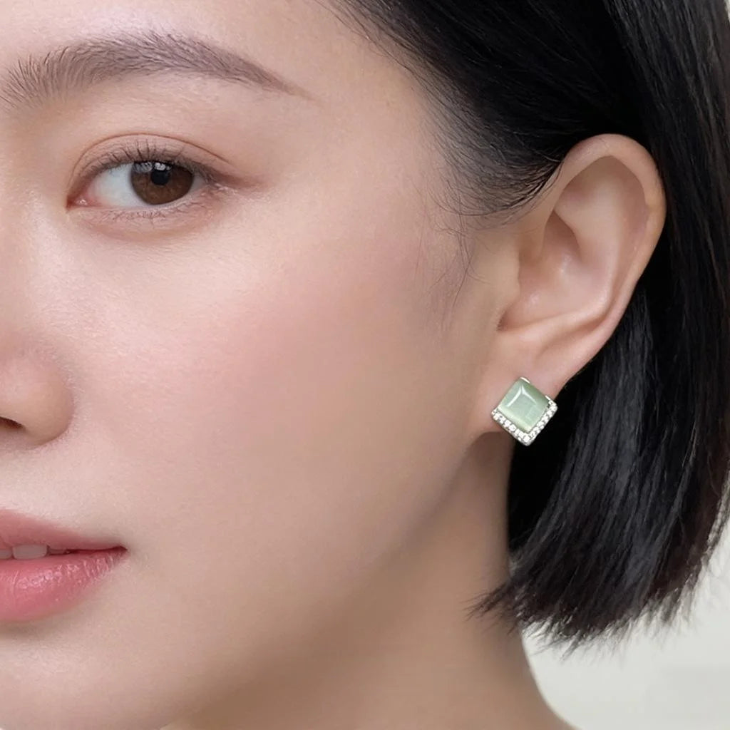 Copper Geometric Square Stud Earrings With Micro Pave Zircon And Green Glass Cat Eye Stone