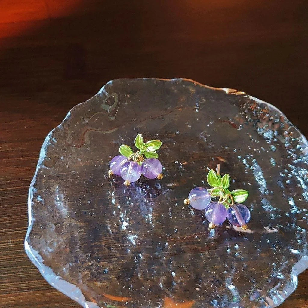Natural Amethyst Stone Grape Stud Earrings Silver Plated Enamel Pastoral Handmade Jewelry