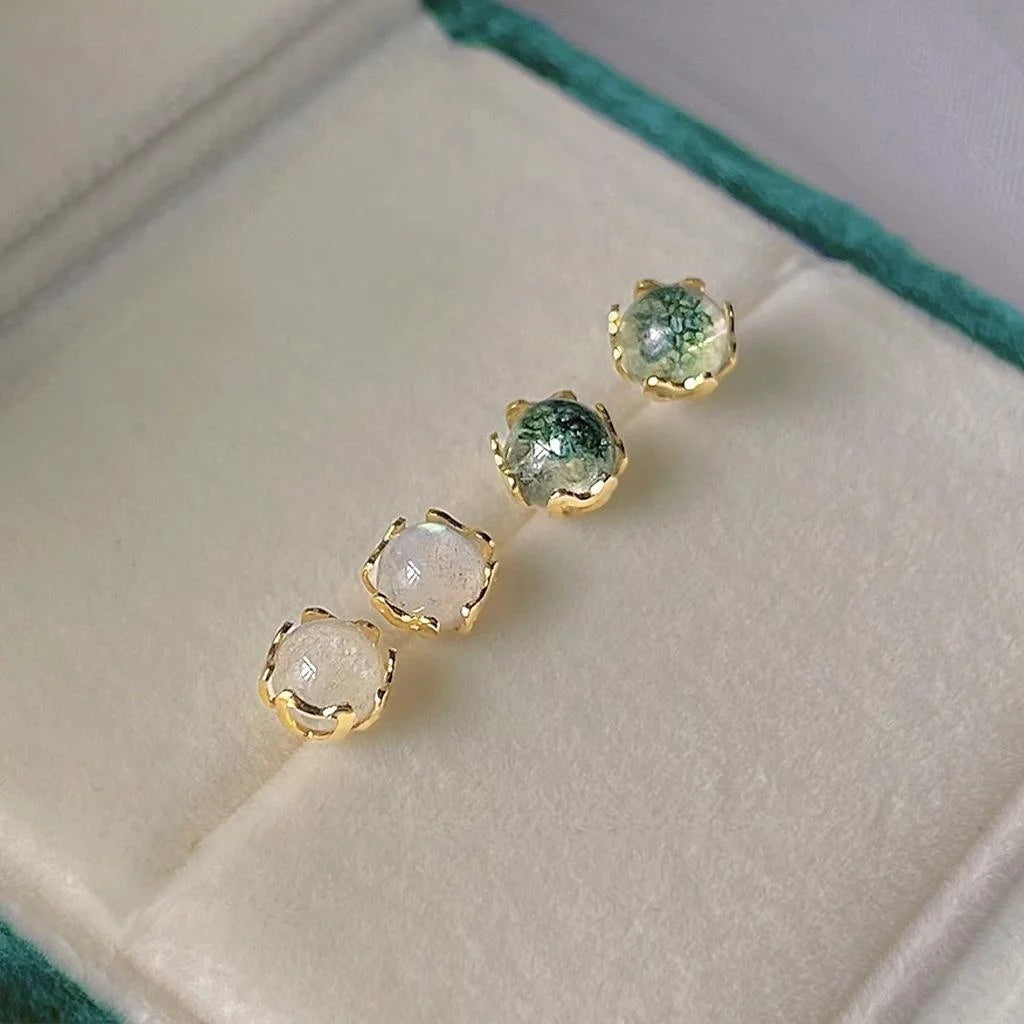 Natural Stone Green Phantom Round Stud Earrings 14K Plated Mini Fresh Style