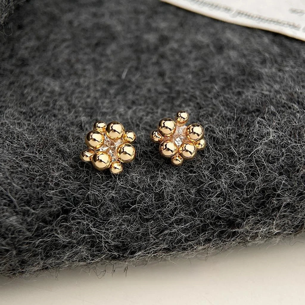 14K Gold Plated Copper Micro Pave Zircon Art Ball Stud Earrings Korean Fashion Geometric Polka Dot