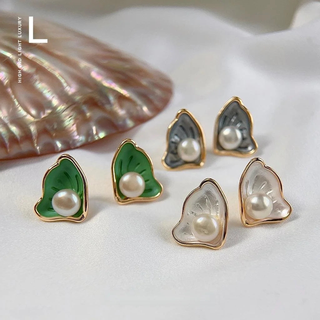 French Style Copper Freshwater Pearl Leaf Stud Earrings Designer Fashion Jewelry