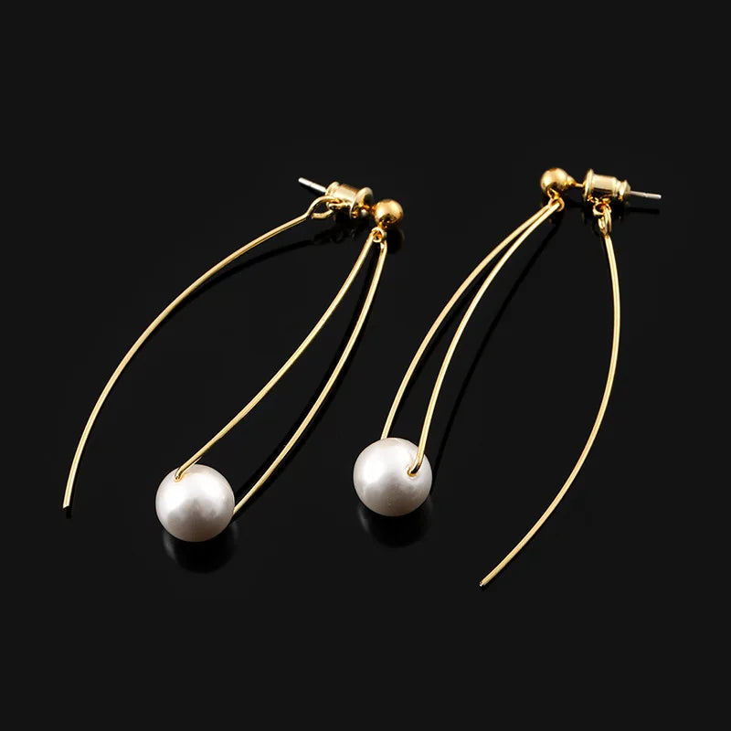 Elegant Spiral Hoop Tassel Pearl Gold Tone Alloy Stud & Clip On No Piercing Minimalist Long Drop Earrings