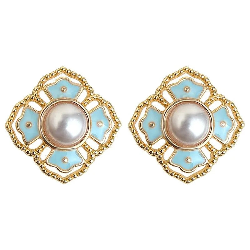Ethnic Floral Enamel Drip Glaze Copper Pearl Stud Earrings Vintage Palace Style