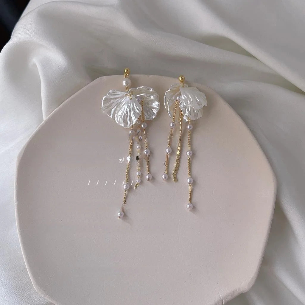 Korean Style Copper Flower Pearl Long Tassel Stud Earrings With 14K Plated Pins