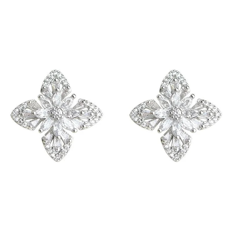 Silver Plated Copper Zircon Flower Leaf Geometric Stud Earrings for Women