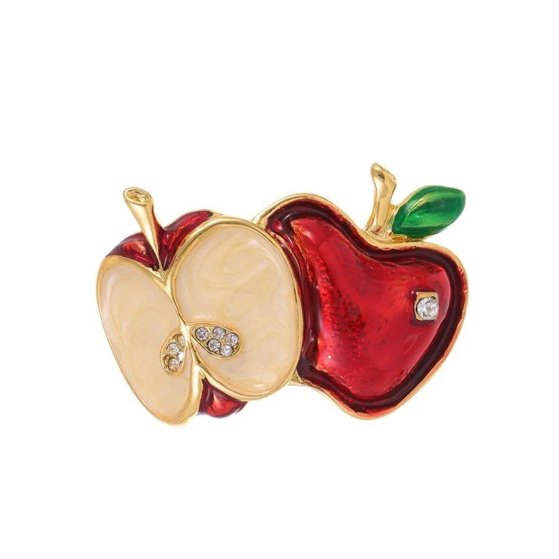 Cute Enamel Double Apple Brooch With Rhinestone Accents, Fashion Fruit Lapel Pin Cardigan Corsage Gift