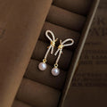 Sweet Bow Knot Drop Earrings With Zircon, Pearl, Hollow Geometric Copper Jewelry