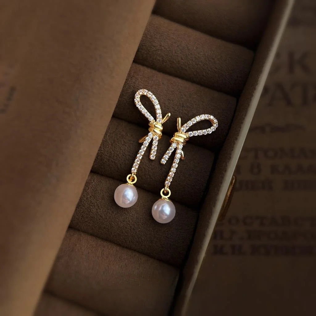 Sweet Bow Knot Drop Earrings With Zircon, Pearl, Hollow Geometric Copper Jewelry