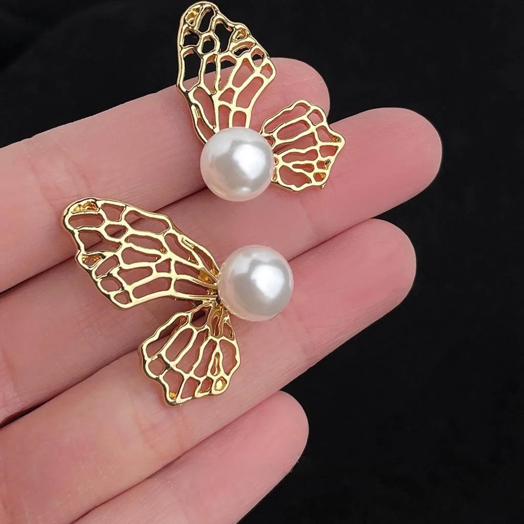 2025 New Sweet Hollow Butterfly Faux Pearl Copper Drop Earrings For Women
