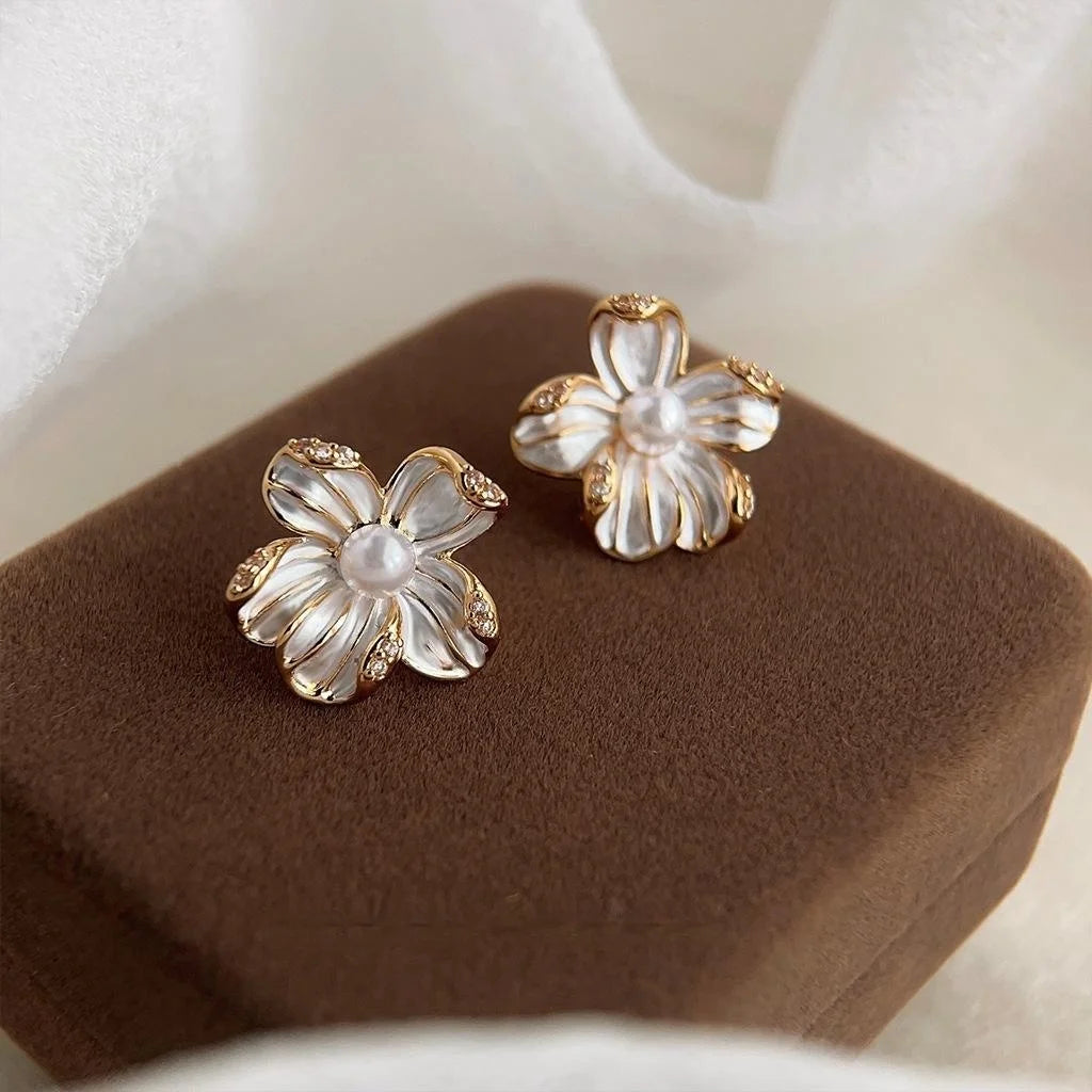 14K Gold Plated Copper 3D Flower Stud Earrings With Micro Pave Zircon Elegant Floral Jewelry