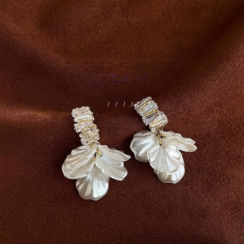 Forest Style Handmade Acrylic Flower Petal Zircon Copper Drop Earrings With Silver Plated Pins