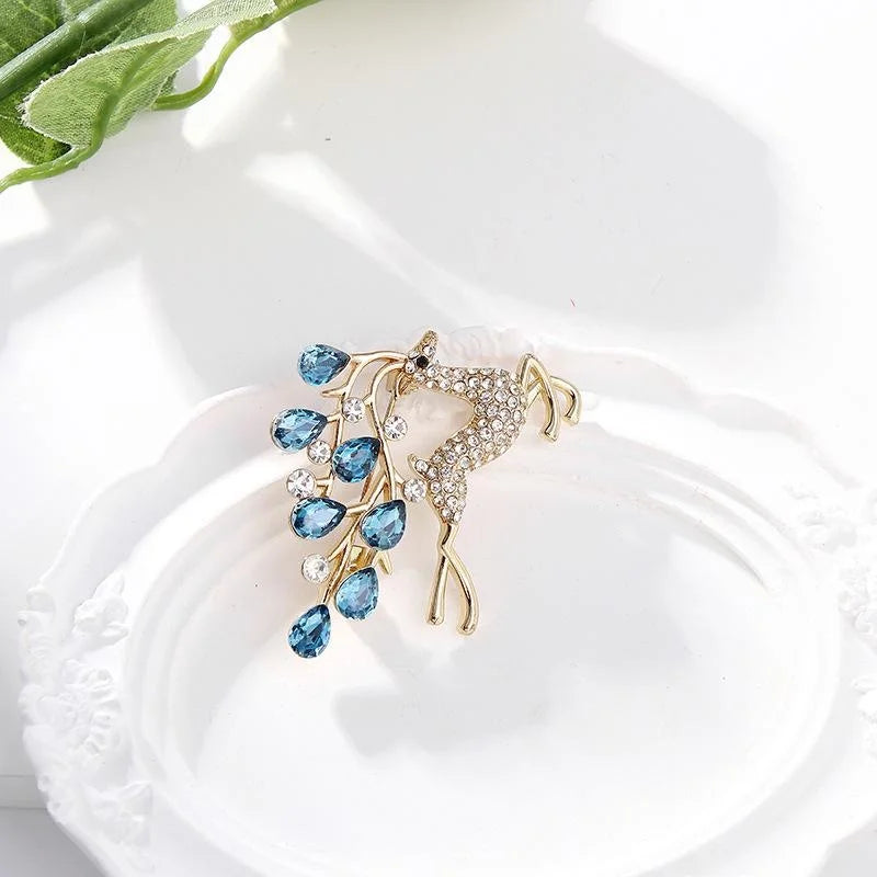Elegant Rhinestone Deer Brooch With Blue Teardrop Branch Antlers, Luxury Animal Lapel Pin Suit Accessory Gift