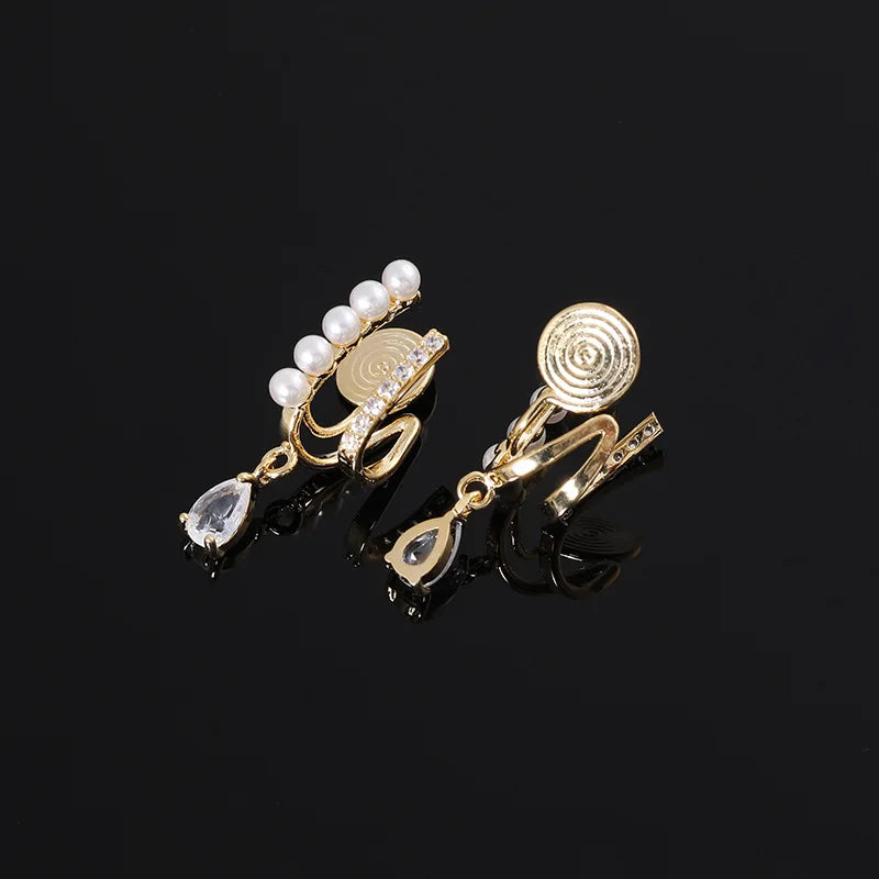 Elegant Double Pearl Spiral Disc Teardrop Crystal Alloy Stud & Clip On No Piercing Earrings