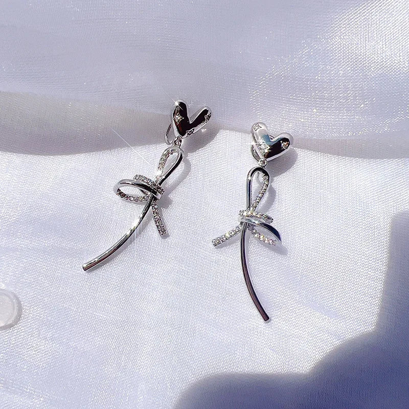 Elegant Luxury Rhinestone Heart Bow Long Drop Stud & Clip On No Piercing Alloy Statement Earrings