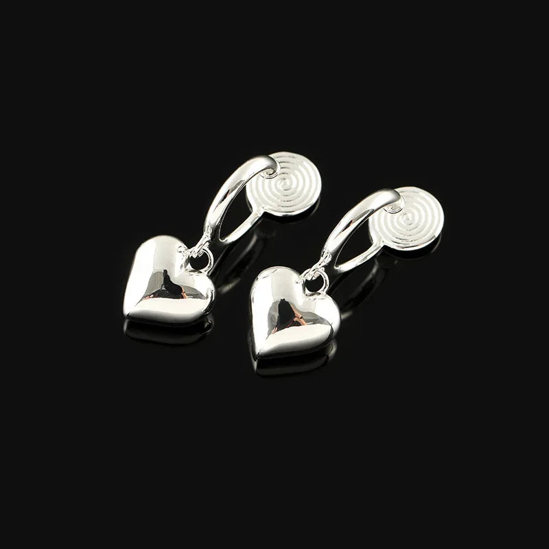 Elegant Smooth Silver Alloy Puffy Heart Drop Stud & Clip On No Piercing Versatile Fashion Earrings