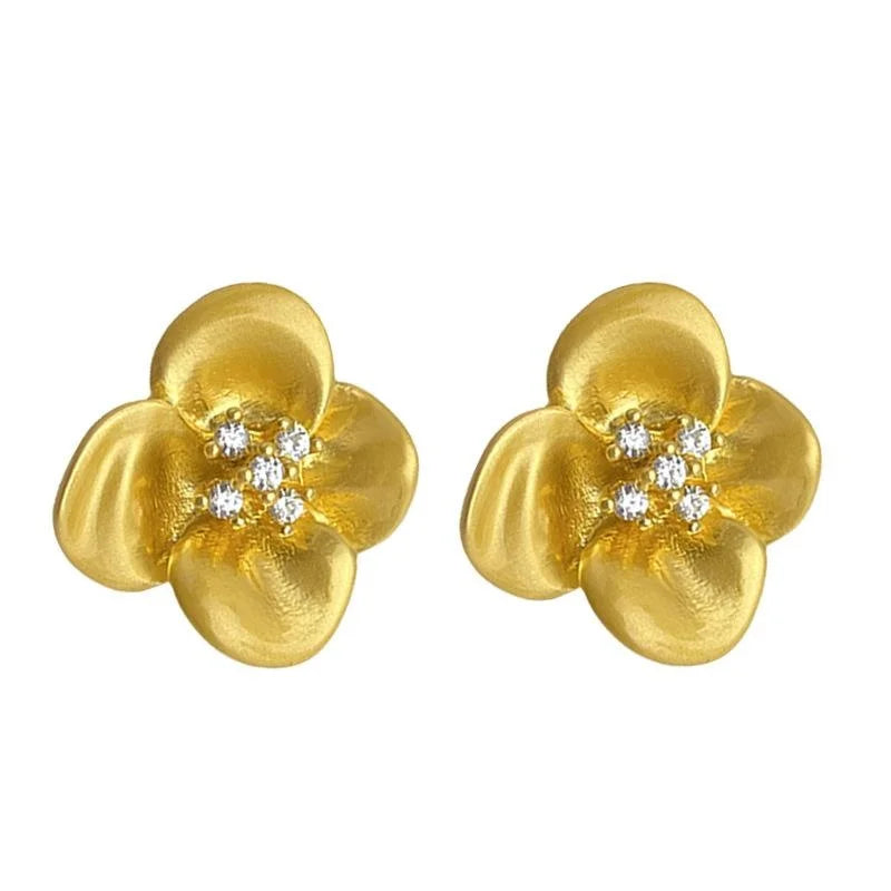 French Vintage 14K Matte Plated Copper Flower Stud Earrings With Zircon Pave