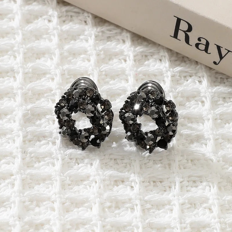 Vintage Black Rhinestone Round Wreath Stud & Clip On No Piercing Alloy Circle Hoop Earrings