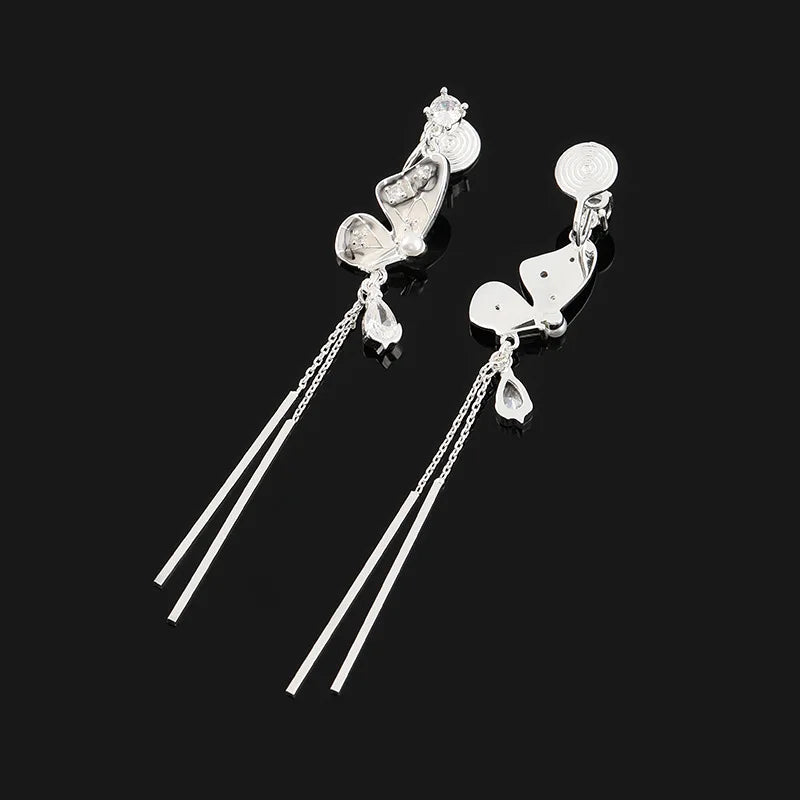 Elegant Ink Butterfly Alloy Crystal Long Tassel Stud & Clip On No Piercing Earrings