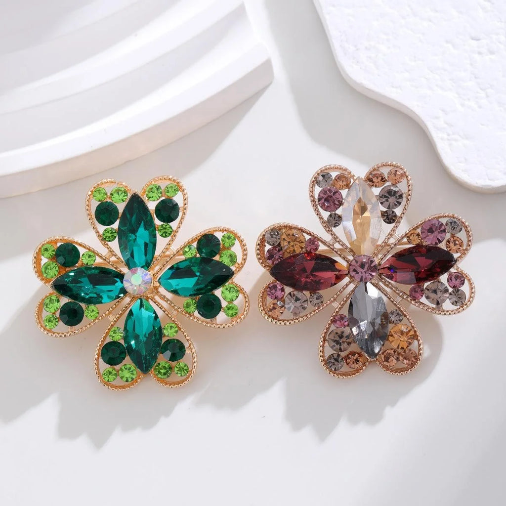 Elegant Rhinestone Hollow Heart Four Leaf Clover Brooch With Marquise Green Crystals Lapel Pin Gift