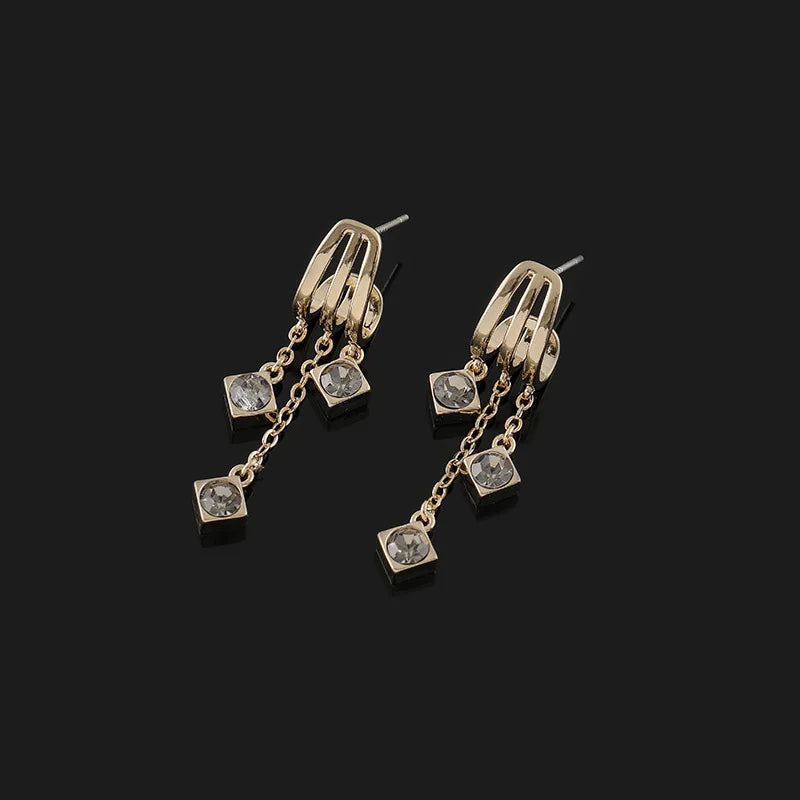 French Vintage Gold Alloy Rhinestone Square Charm Chain Tassel Stud & Clip On No Piercing Earrings