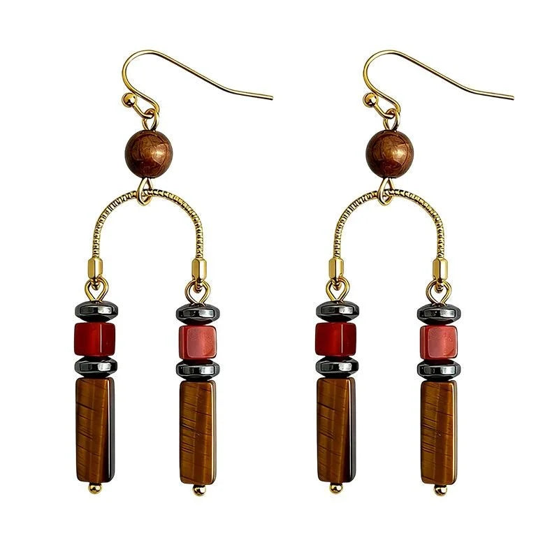 Vintage Maillard Ethnic Geometric Tassel Drop Earrings Copper Red Agate Tiger Eye Natural Stone