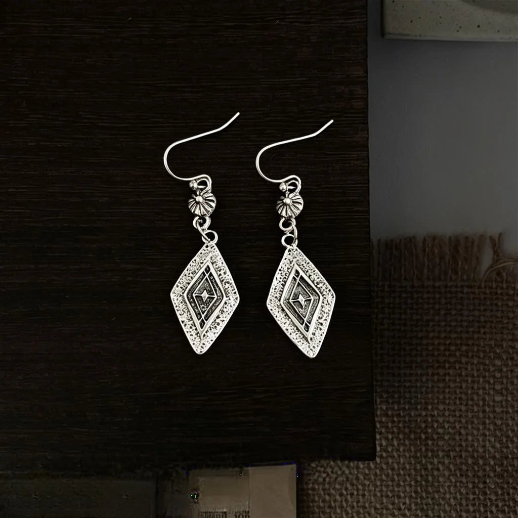 Vintage New Chinese Style Geometric Rhombus Pattern Eco-Friendly Copper Drop Earrings
