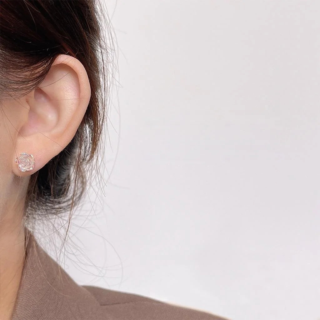 Transparent Colorful Resin Rose Flower Stud Earrings With Silver Plated Pins, Summer Jewelry