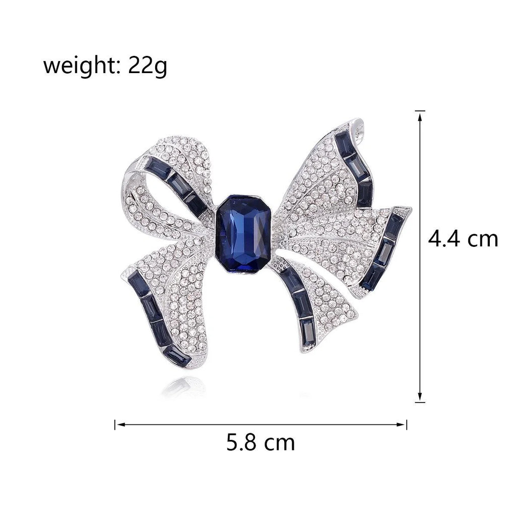Luxury Rhinestone Bow Brooch With Blue Zircon Center, Elegant Alloy Lapel Pin Corsage Suit Accessory Gift