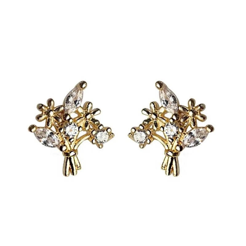 Micro Pave Zircon Floral Bouquet Copper Stud Earrings Simple Vintage Sweet Small Jewelry