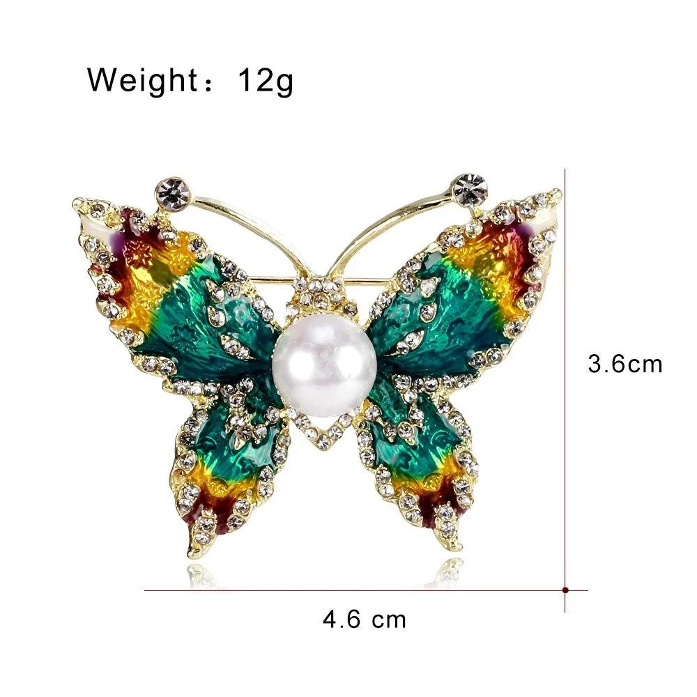 Elegant Gradient Enamel Butterfly Brooch With Rhinestones And Pearl, Women's Lapel Pin Suit Accessory Gift