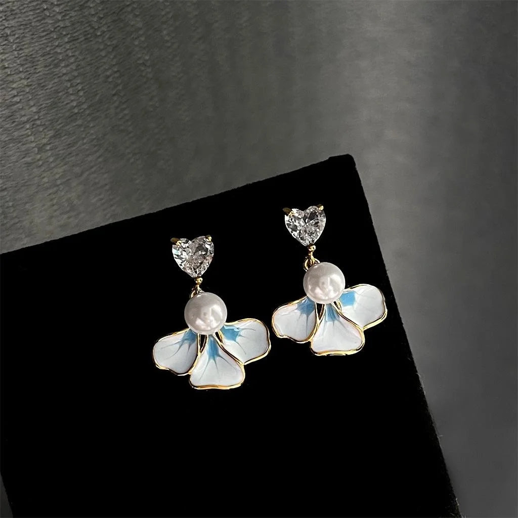14K Plated Iris Flower Drop Earrings With Micro Pave Zircon And Glass Pearl Sweet Floral Jewelry