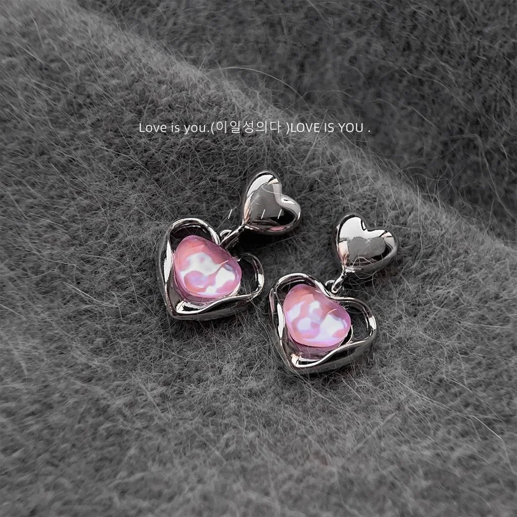 Sweet Cool Iridescent Heart Copper Drop Earrings For Women Niche Designer Jewelry