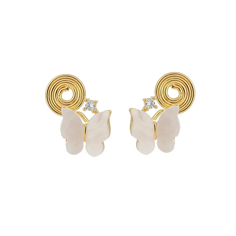 Elegant White Butterfly Zircon Gold Alloy Spiral Stud & Clip On No Piercing Fairy Forest Earrings