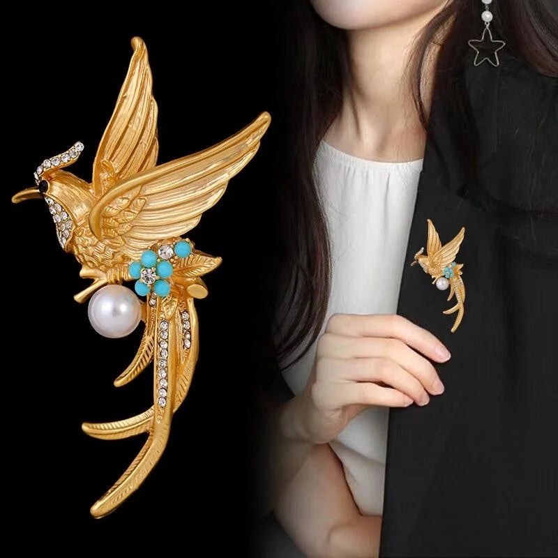 Vintage Flying Phoenix Brooch With Pearl, Rhinestone And Turquoise Enamel, Elegant Lapel Pin Suit Accessory