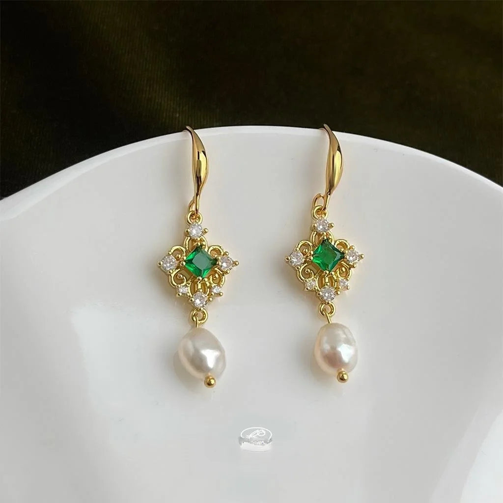 Hong Kong Style Baroque Freshwater Pearl Tassel Drop Earrings With Zircon Micro Pave Copper Geometric Design