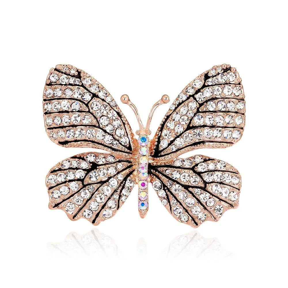 Elegant Rose Gold Butterfly Rhinestone Brooch With Full Crystal Wings, Women's Lapel Pin Corsage Gift