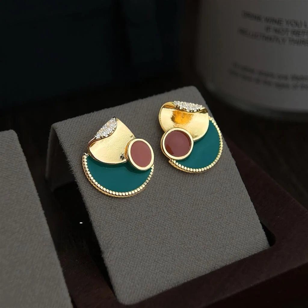 Niche Designer Geometric Enamel Copper Zircon Round Triangle U Shape Stud Earrings for Women