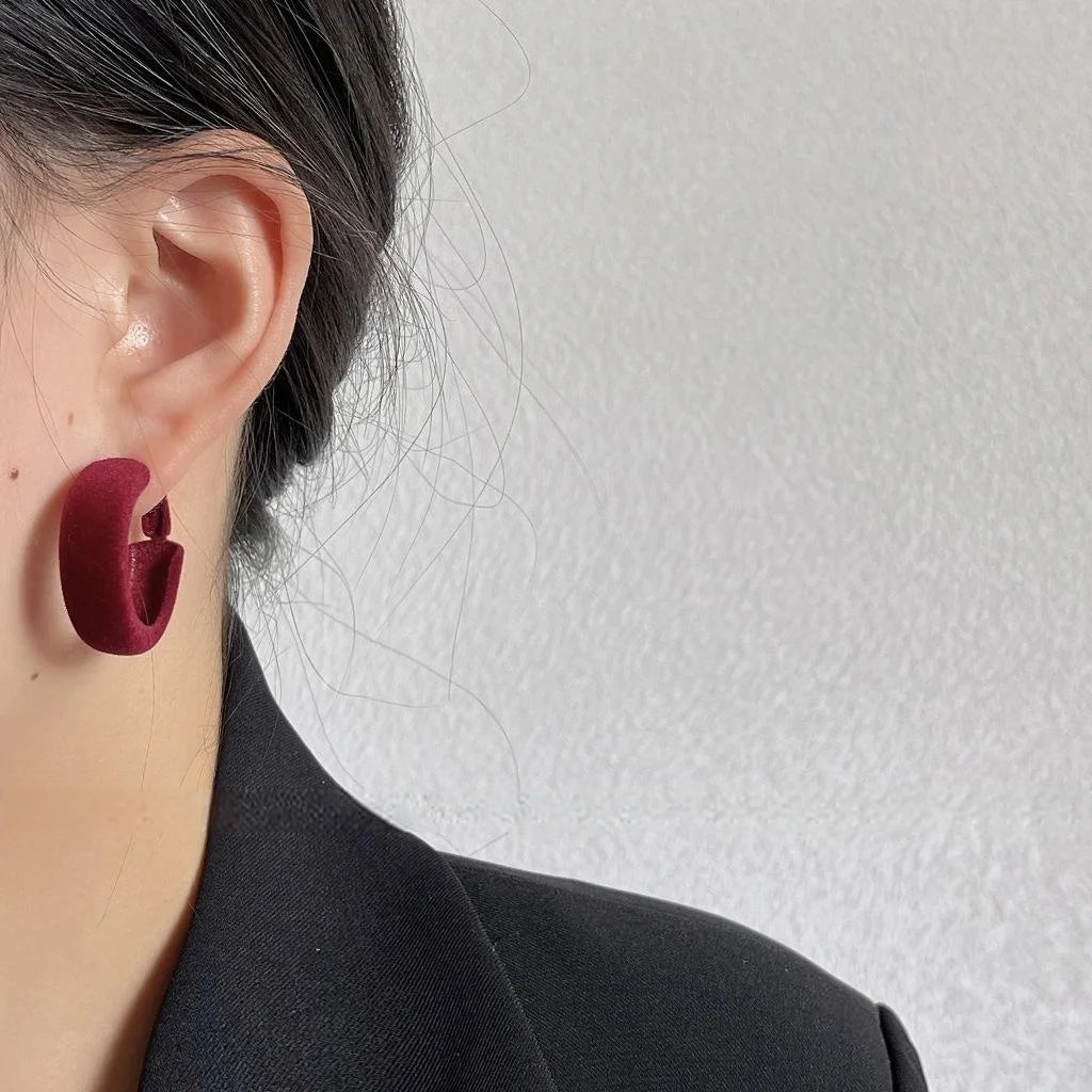 Burgundy Flocked U-Shaped Hoop Drop Earrings, Premium Geometric Jewelry